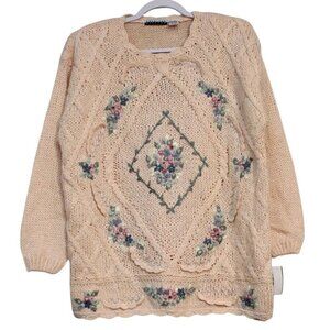 NWT Vintage 90s Chunky Knit Sweater Large Floral Embroidered Grandma Cottagecore